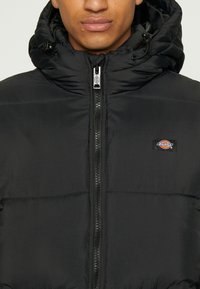 Schwarze isolierte Daunenjacke mit Reißverschluss, hohem Kragen und Logo-Patch. Sie verfügt über einen strukturierten Stoff mit einer glatten Oberfläche.