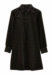 Tumšs auduma kleita ar apkakli, garajām piedurknēm un pogu aizdari. Iezīmējas ar maziem brūniem zvaigžņu rakstiem un savākta plecu detaļām.