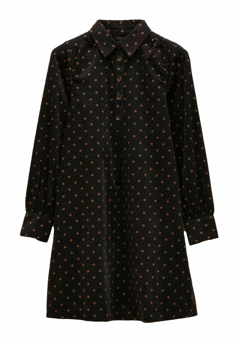 Tumšs auduma kleita ar apkakli, garajām piedurknēm un pogu aizdari. Iezīmējas ar maziem brūniem zvaigžņu rakstiem un savākta plecu detaļām.