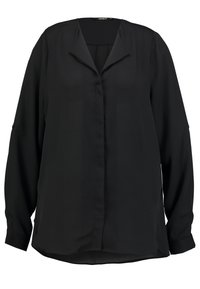Black blouse with a soft, smooth texture, long sleeves, and a V-neck. Features a button closure and a relaxed fit, with a rounded hem.