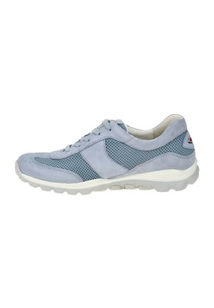 Light blue suede sneaker with mesh detailing, round toe, laces, and a cushioned white rubber sole. Side accent features a logo.