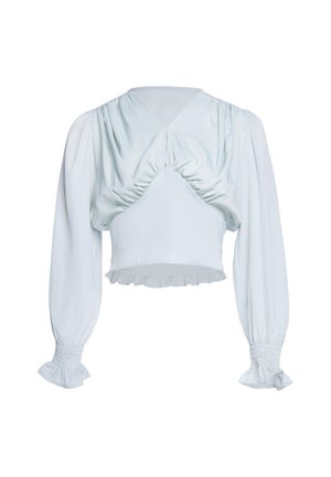 Blusa corta a maniche lunghe azzurro chiaro con dettagli arricciati sul seno e polsini e orlo arricciati elastici.