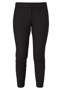 Černé zúžené kalhoty vyrobené z hladkého materiálu. Mají pas s poutky na opasek a boční kapsy. Bez viditelných vzorů nebo akcentů.