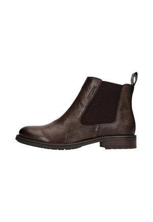 Dunkelbrauner Chelsea-Stiefel aus Leder mit elastischen Seitenteilen, strukturierter Rückseite, Zuglasche, niedrigem gestapeltem Absatz und Marken-Detail in Knöchelnähe.