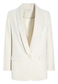 Cremefarbener Blazer mit Reverskragen, Ein-Knopf-Verschluss, zwei Fronttaschen und glatter Textur. Verfügt über ein helles Innenfutter.