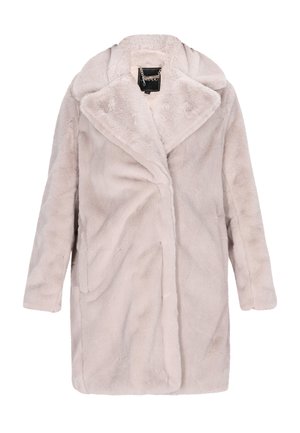 Faux-Fur-Mantel in sanftem Beige mit einem Schalkragen, langen Ärmeln, zwei seitlichen Taschen und einer lockeren Passform, der eine glatte Textur aufweist.