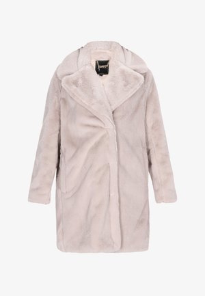 Faux fur jas in zacht beige met een sjaalkraag, lange mouwen, twee zijzakken en een relaxed fit, met een gladde textuur.