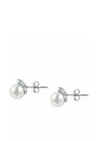 Orecchini a forma di studs in tonalità argento, con grandi perle bianche rotonde e dettagli decorativi. Chiusure in metallo con texture liscia, design minimalista.