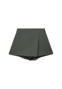 Pantaloni corti a gonna plissettati di un verde scuro, realizzati in tessuto liscio, con vita alta e chiusura con zip sul retro.