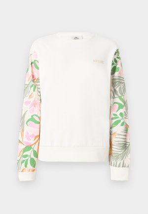 Sudadera blanca de manga larga con mangas de patrón floral en tonos pastel y un pequeño logo "RIP CURL" en la parte superior izquierda del pecho.