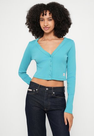 Frau mit lockigem Haar, die ein tailliertes türkisfarbenes, geknöpftes Crop-Top und dunkelblaue Jeans trägt, steht vor einem einfarbigen Hintergrund.