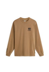 Langärmliges, beigefarbenes Vans T-Shirt mit Rundhalsausschnitt. Verfügt über schwarze Logo-Drucke auf der Brust und dem Ärmel. Weicher Baumwollstoff mit minimaler Textur.