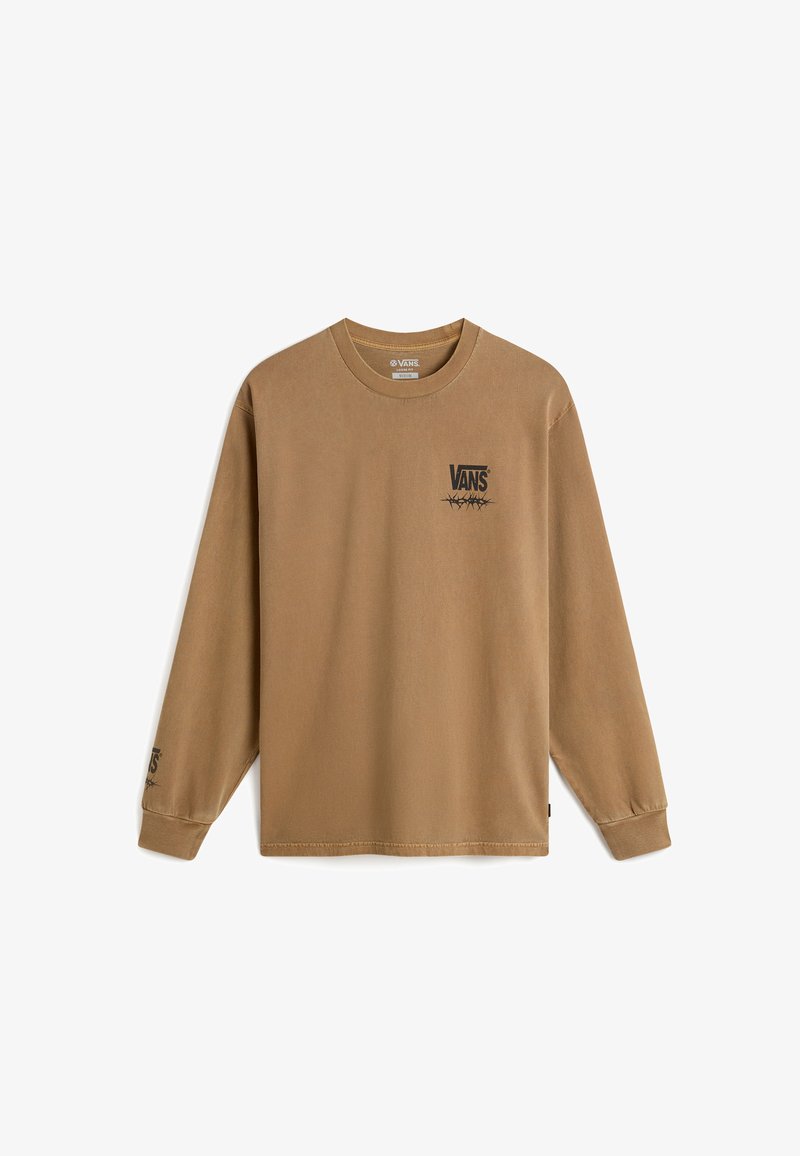 Long-sleeve, tan Vans t-shirt with a crew neckline. Features black logo prints on the chest and sleeve. Soft cotton fabric with minimal texture.