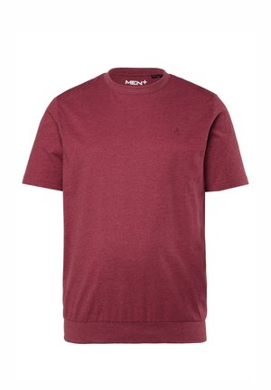 Herren-T-Shirt mit kurzen Ärmeln und Rundhalsausschnitt in Weinrot, mit einem dezenten Logo auf der linken Brust und geripptem Saumdetail.