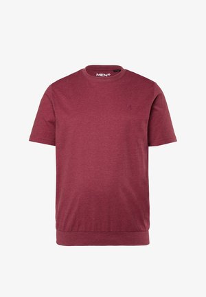 Męska koszulka z krótkim rękawem i okrągłym dekoltem w kolorze bordowym, z subtelnym logo na lewej piersi oraz detalami prążkowanego obszycia na dole.