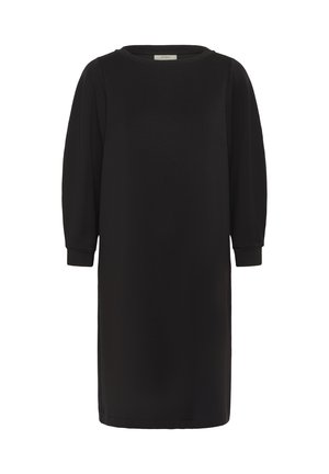 Melnas, garām piedurknēm un ceļgalu garuma kleita ar apaļu izgriezumu un aprocēm uz piedurknēm, attēlota balta fona priekšā.