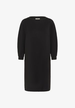 Must pikkade varrukatega põlveni ulatuv kleit, millel on ümar kaelus ja varrukaotsad, valgel taustal eksponeeritud.