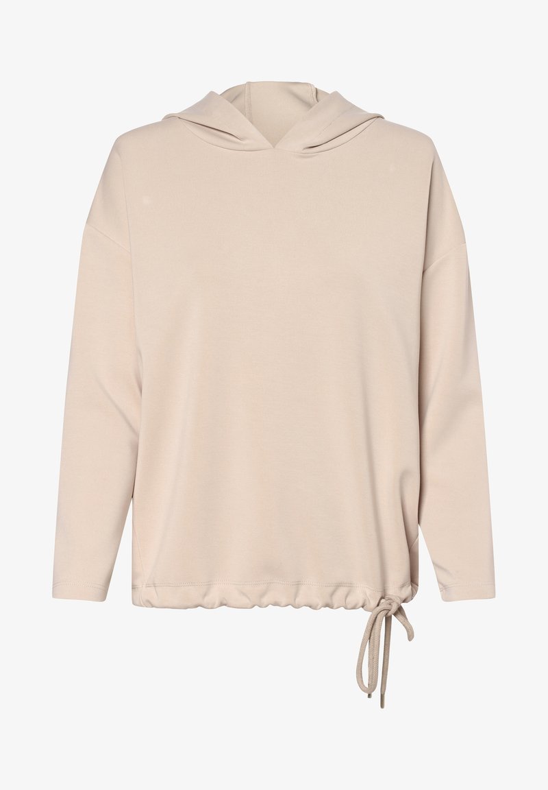 Beżowa bluza z kapturem z długimi rękawami, z regulowanym ściągaczem w talii i gładką, miękką fakturą. Prosty design bez wzorów lub wyraźnych akcentów.