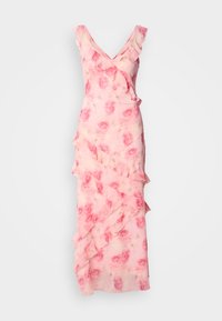 Pink floral-printed dress with ruffles along the neckline and skirt. Flowing fabric, V-neck design, and a fitted silhouette with layered detailing.