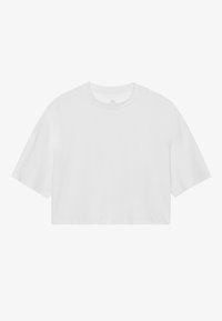 Forkortet hvid t-shirt med korte ærmer, rund halsudskæring, fremstillet af blødt bomuldsmateriale, med en glat tekstur uden synlige mønstre.