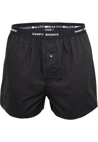 Boxer neri realizzati in tessuto liscio, con una cintura elastica recante la scritta "HAPPY SHORTS" e un'apertura con un unico bottone.