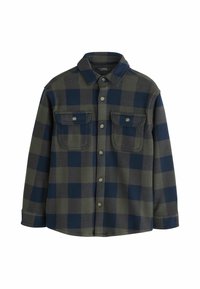 Geruite shirt in donkergroen en marineblauw, gemaakt van zachte stof. Heeft twee borstzakken, een knoopsluiting aan de voorkant en een klassieke kraag.