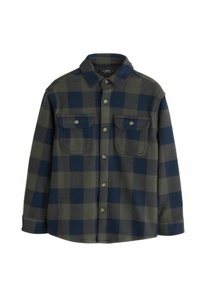 Kariertes Hemd in Dunkelgrün und Marineblau, aus weichem Stoff gefertigt. Verfügt über zwei Brusttaschen, eine Knopfleiste und einen klassischen Kragen.