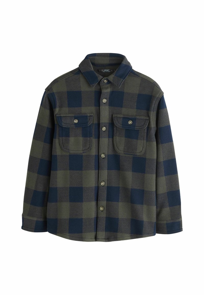 Geruite shirt in donkergroen en marineblauw, gemaakt van zachte stof. Heeft twee borstzakken, een knoopsluiting aan de voorkant en een klassieke kraag.