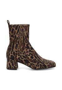 Bottines à imprimé léopard marron et beige, avec un bout carré, un petit talon bloc et un dessus en textile lisse. Comprend une languette à l'arrière.