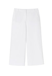 Bílé široké kalhoty vyrobené z hladké tkaniny, s polo-vysokým pasem, dvěma předními kapsami a čistým, upraveným designem.