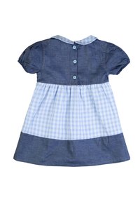 Abito in denim con maniche a sbuffo corte, gonna in tessuto gingham blu chiaro e chiusura con bottoni sul retro. Presenta un colletto alla Peter Pan.
