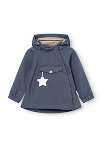 Giacca da esterno blu con cappuccio, dotata di tasca frontale, bottoni a pressione e un'etichetta a forma di stella. Tessuto strutturato con polsini elasticizzati.