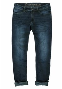 Jeans in denim blu scuro con una vestibilità dritta, dotati di chiusura a bottone, cinque tasche e orli tirati su per un design rilassato.