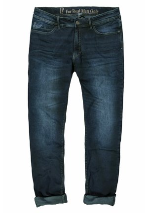 Jeans de mezclilla azul oscuro con un corte recto, que cuentan con cierre de botón, cinco bolsillos y dobladillos enrollados para un diseño relajado.