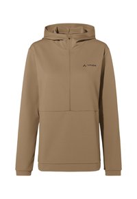 Brauner Kapuzensweater mit halbem Reißverschluss, strukturiertem Stoff, Fronttasche und schwarzem Logo auf der oberen linken Seite. Klassisches Design mit langen Ärmeln.