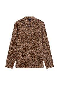 Camicia a maniche lunghe con stampa leopardata in marrone e nero. Collo, texture liscia e una fila di bottoni frontali.