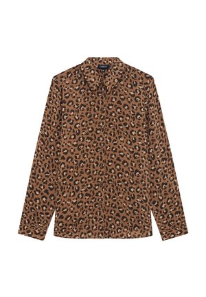 Luipaardprint knoopshirt in bruin en zwart. Lange mouwen, kraag en een gladde textuur, met een rij knopen aan de voorkant.