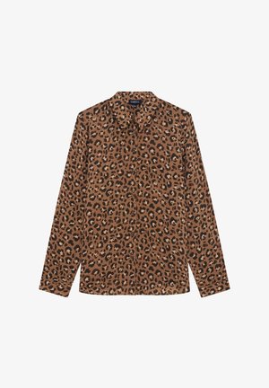 Chemise à imprimé léopard en marron et noir. Manches longues, col, et texture lisse, avec une rangée de boutons sur le devant.