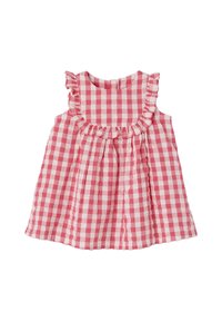 Red and white gingham top with ruffled neckline, sleeveless design, and pleated fabric. Made from lightweight cotton material.