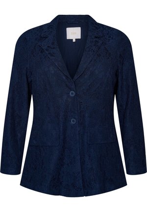 Námornícka modrá kvetinová čipkovaná sako s dvoma gombíkmi, golierom s výrezom, dlhými rukávmi a dvoma prednými vreckami s klopami.
