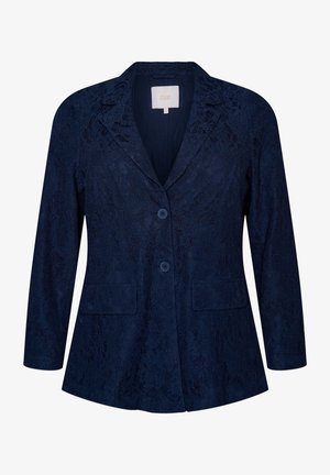 Tumesinine lilleline pitsist bleiser kahe nupu, sälguga krae, pikkade varrukate ja kahe ees oleva klapiga taskuga.