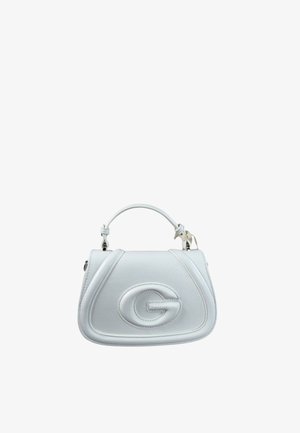 Borsa a mano in pelle bianca con manico superiore, bordi arrotondati e grande lettera "G" in rilievo al centro davanti.
