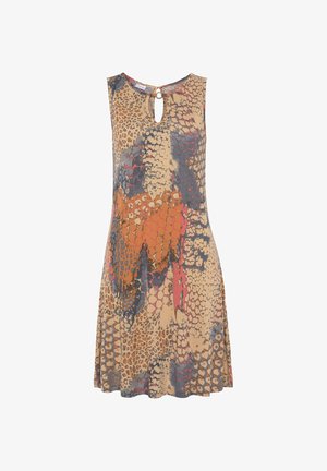 Robe sans manches dans un motif mixte de beige, orange, gris et rose. Présente un col en trou de serrure avec un accent circulaire. Tissu doux et fluide.