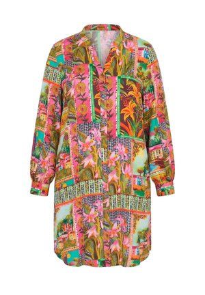 Langärmliges Hemdblusenkleid mit lebhaftem, mehrfarbigem Blumen- und tropischem Landschafts-Patchwork-Muster.
