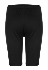 Shorts sportivi neri con vita elastica, realizzati in tessuto liscio. Il design è aderente, che si estende fino a metà coscia, senza motivi visibili.