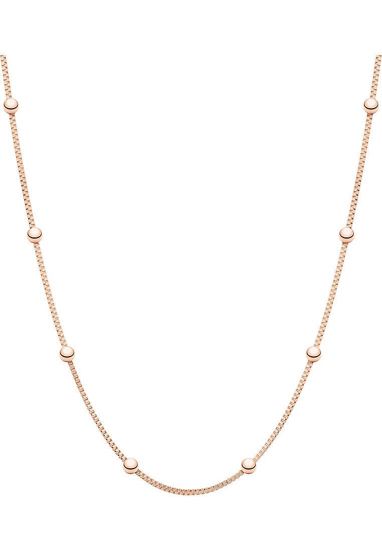 Collana in oro rosa con una serie di piccoli accenti rotondi lungo tutta la lunghezza, con una finitura liscia e strutturata e un design delicato.