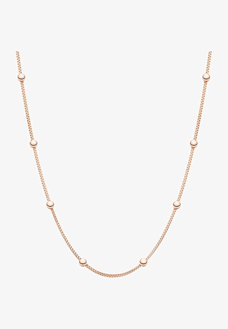 Collana in oro rosa con una serie di piccoli accenti rotondi lungo tutta la lunghezza, con una finitura liscia e strutturata e un design delicato.
