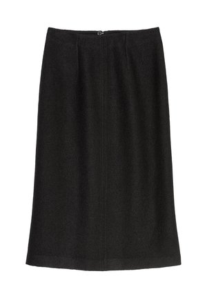 Zwarte wollen rok met een rechte snit, knie-length, voorzien van een achterste rits en subtiele plooien voor extra textuur.