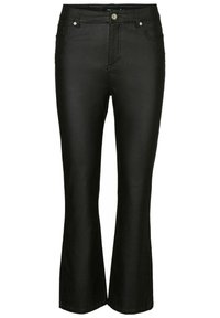 Svarta utsvängda jeans i denim, med en slät yta, fem fickor och justerbar midja med knäppning.