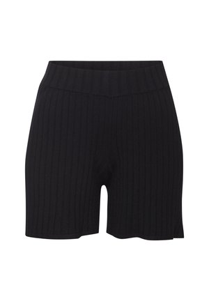 Schwarze gerippte Shorts aus dehnbarem Stoff mit hohem Taillenbund und taillierter Silhouette, die eine glatte Textur und keine sichtbaren Beschläge bieten.